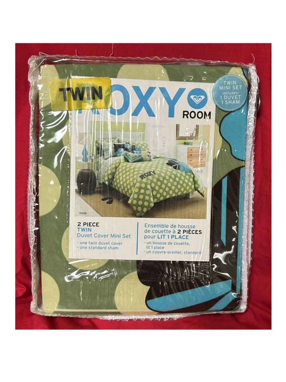 TWIN sz duvet/comforter cover sham set~vtg Roxy vivid blue/green polka dot ~2 pc